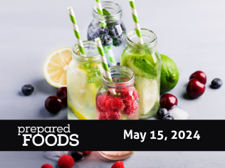 flavor in four glasses of fruit filled beverages with a publication note, prepared foods, May 15, 2024