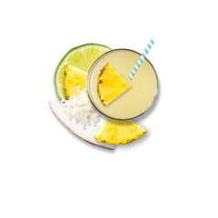 pina colada with straw surrounded by pineapple coconut and lime