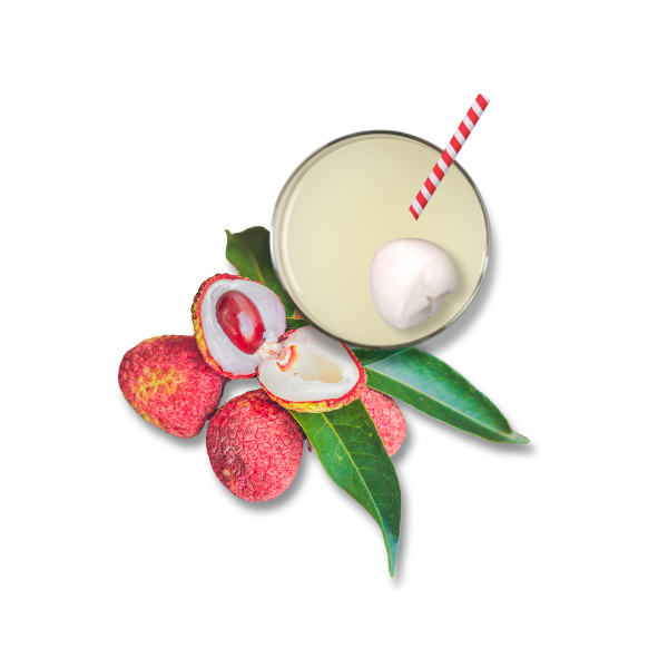 lychee drink next to open lychees and leaves