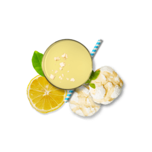 lemon cookie flavored drink with straw, lemon, and cookies