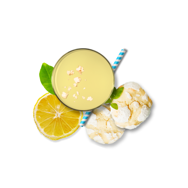 lemon cookie flavored drink with straw, lemon, and cookies